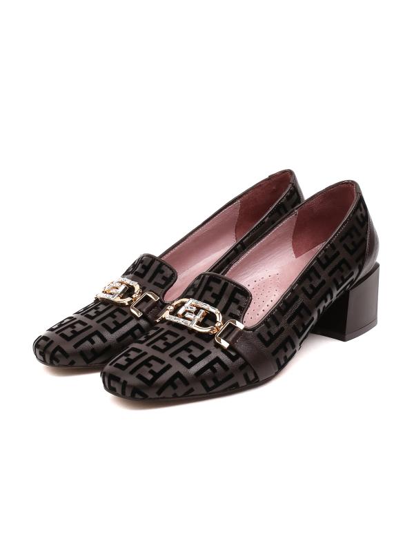 Women's Genuine Leather Monogram Pattern Block Heel Loafers