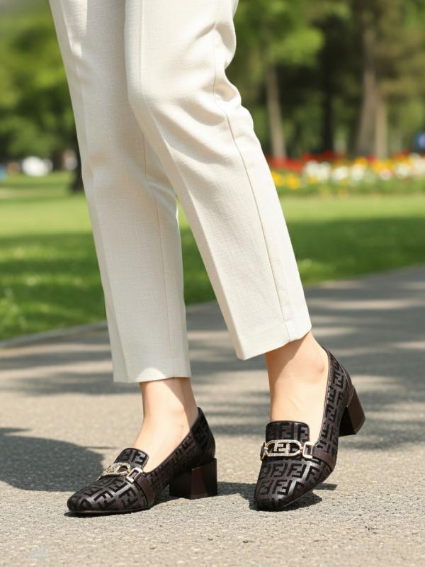 Women's Genuine Leather Monogram Pattern Block Heel Loafers