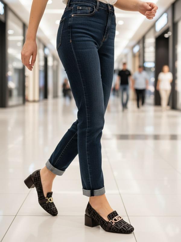 Women's Genuine Leather Monogram Pattern Block Heel Loafers