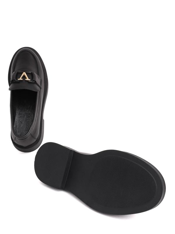 Women's Genuine Leather Loafers with Gold V-Accessory