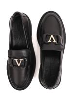 Women's Genuine Leather Loafers with Gold V-Accessory