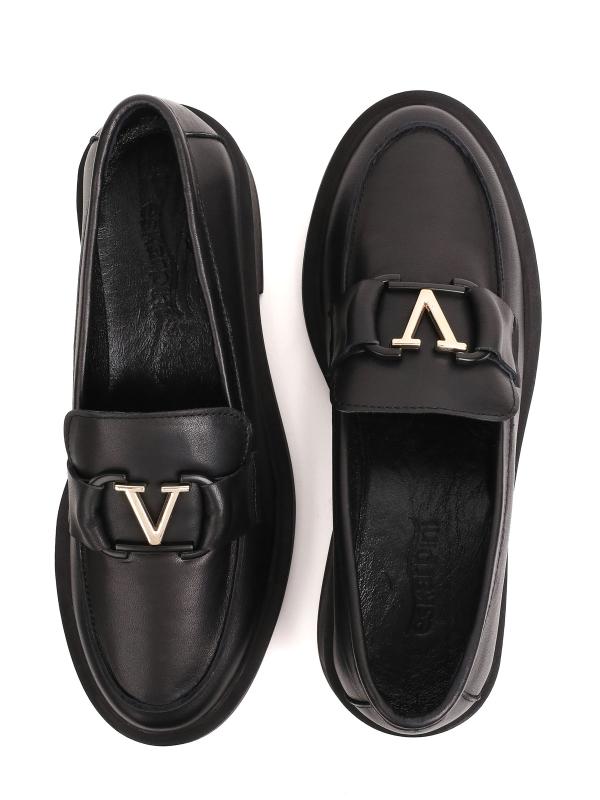 Women's Genuine Leather Loafers with Gold V-Accessory