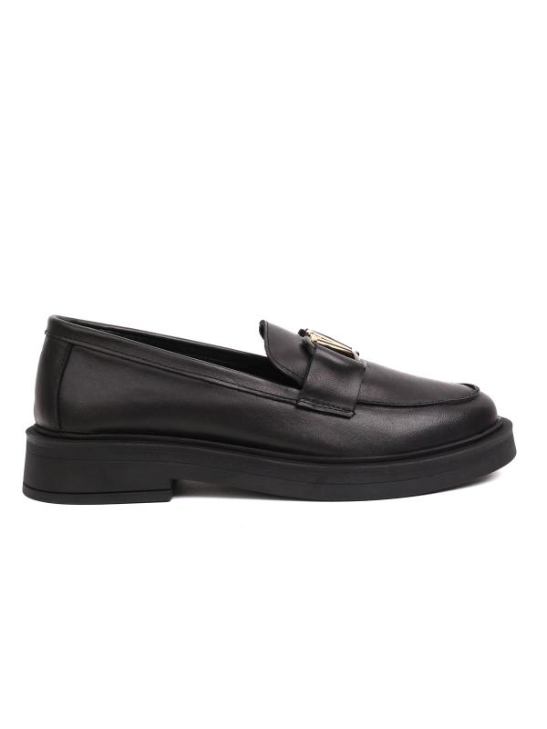 Women's Genuine Leather Loafers with Gold V-Accessory