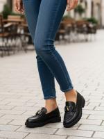 Women's Genuine Leather Loafers with Gold V-Accessory