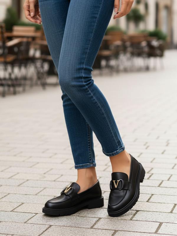 Women's Genuine Leather Loafers with Gold V-Accessory