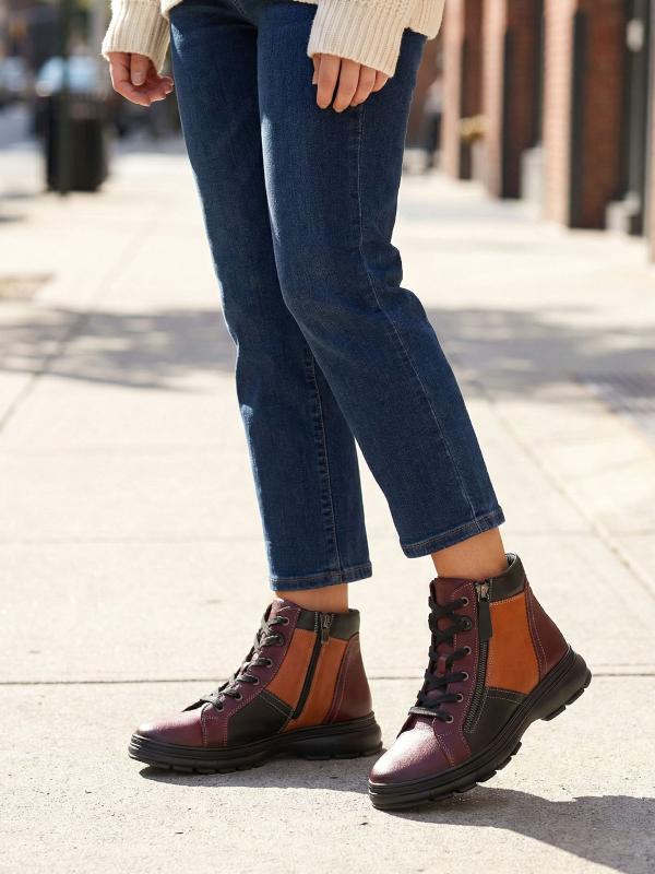 Trio Style Hakiki Deri Kadın Botu – Bordo, Siyah ve Turuncu Kombinasyonlu