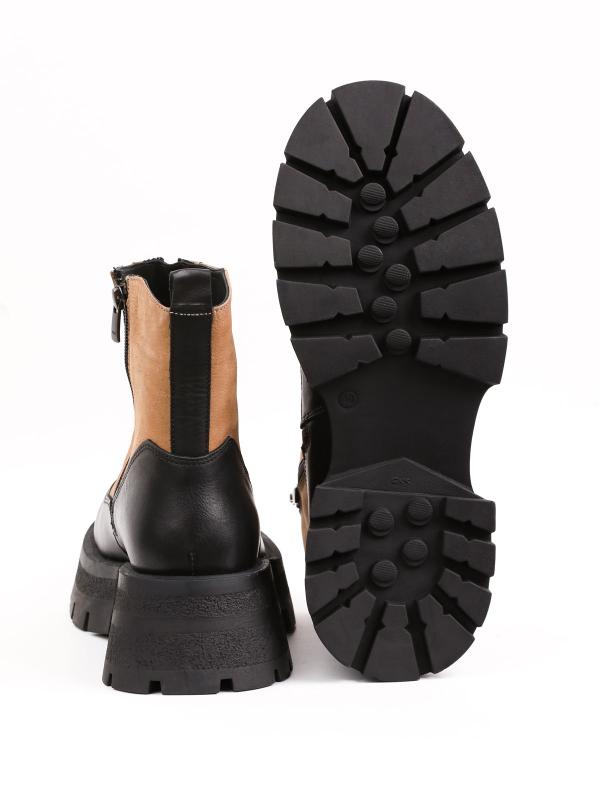 Front Zipper Chunky Sole Two-Tone Genuine Leather Women's Boots