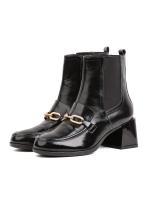 Black Natural Leather Women's Boots with Gold Chain Accessory - Block Heel
