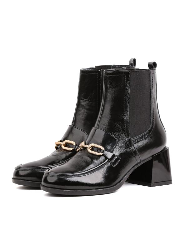 Black Natural Leather Women's Boots with Gold Chain Accessory - Block Heel