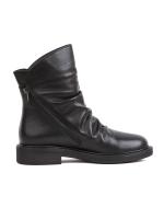 Black Genuine Matte Leather Ruched Daily Boots with Side Zipper