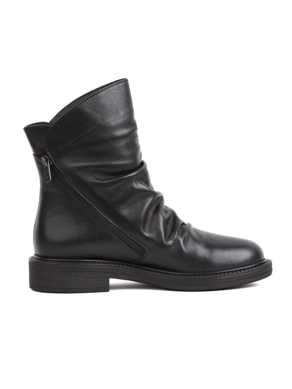 Black Genuine Matte Leather Ruched Daily Boots with Side Zipper