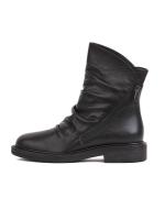 Black Genuine Matte Leather Ruched Daily Boots with Side Zipper