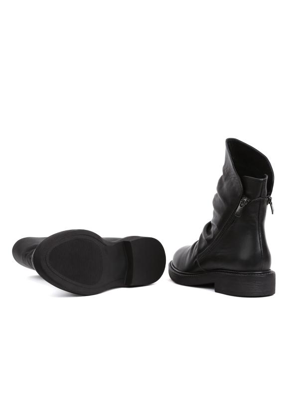 Black Genuine Matte Leather Ruched Daily Boots with Side Zipper