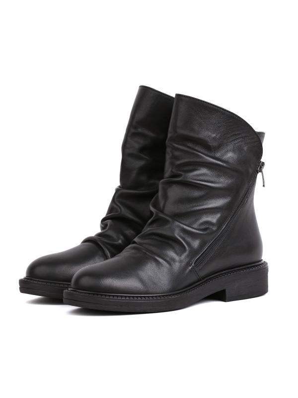 Black Genuine Matte Leather Ruched Daily Boots with Side Zipper