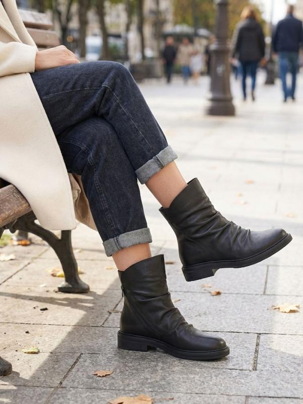 Black Genuine Matte Leather Ruched Daily Boots with Side Zipper