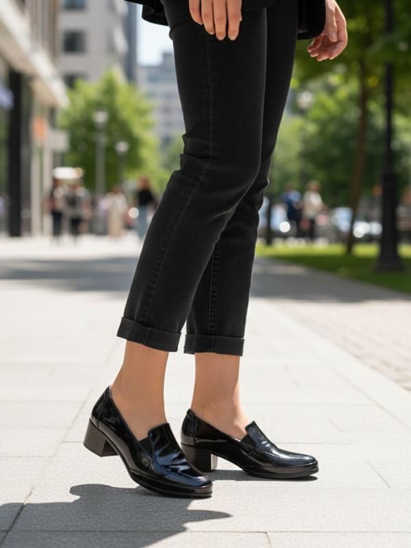 Genuine Patent Leather Block Heel Women's Shoes