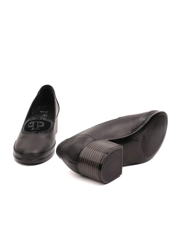 Genuine Leather Block Heel Loafers with Rhinestone Detail