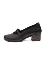 Genuine Leather Block Heel Loafers with Rhinestone Detail