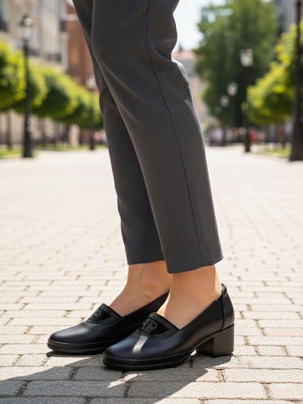 Genuine Leather Block Heel Loafers with Rhinestone Detail