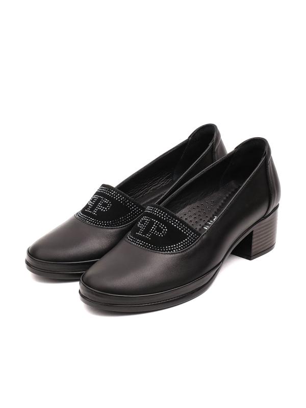 Genuine Leather Block Heel Loafers with Rhinestone Detail