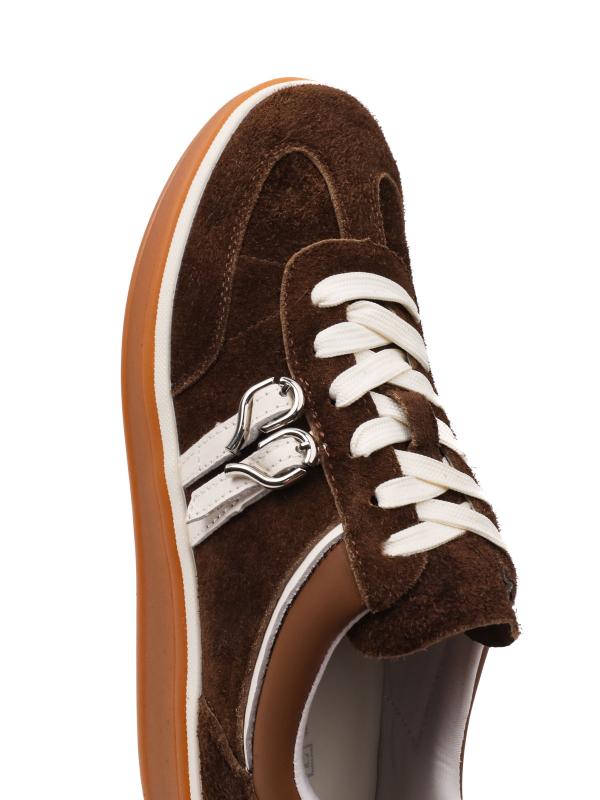 Natural Leather Brown - Women's Sneakers with Heart Buckle and Platform Sole