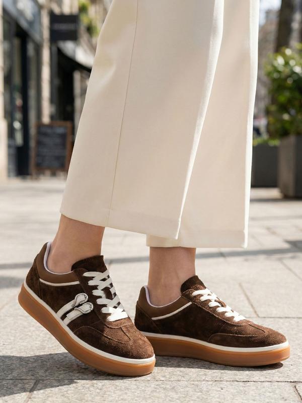 Natural Leather Brown - Women's Sneakers with Heart Buckle and Platform Sole