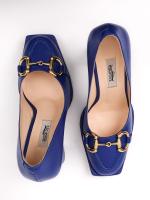 Blue Block Heel Women's Shoes with Gold Accessory
