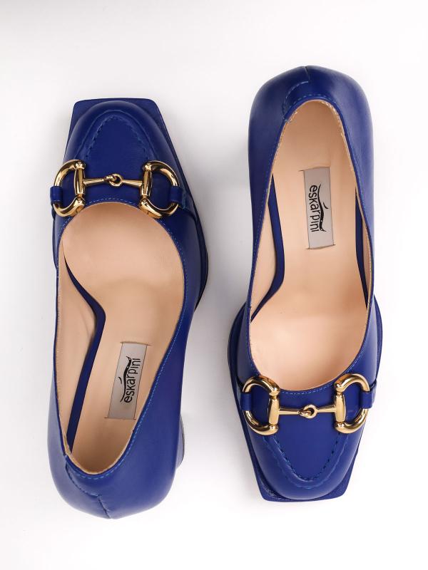 Blue Block Heel Women's Shoes with Gold Accessory