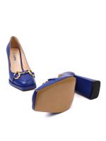 Blue Block Heel Women's Shoes with Gold Accessory