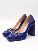 Blue Block Heel Women's Shoes with Gold Accessory