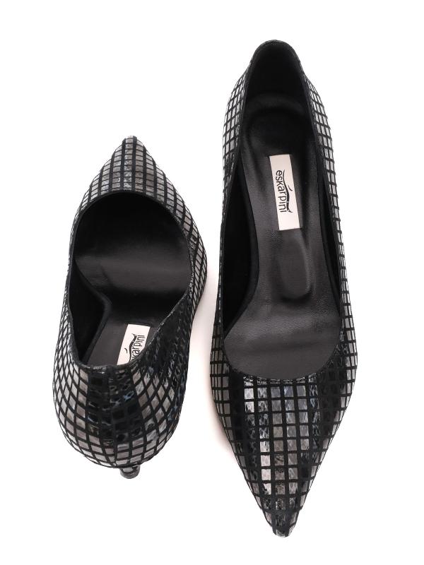 Black Geometric Patterned Genuine Leather Stilettos - 6 cm