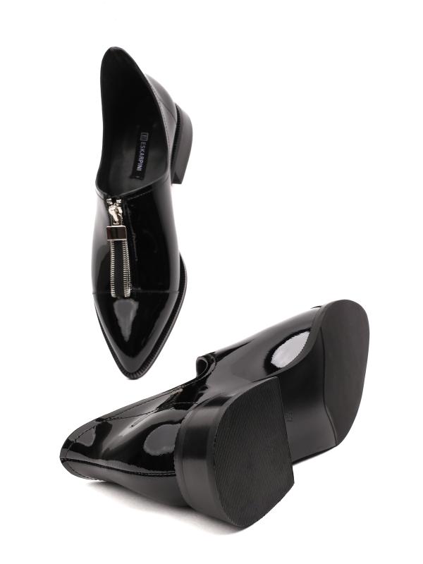 Black Patent Natural Leather – Front Zipper Pointed Toe Women's Shoe