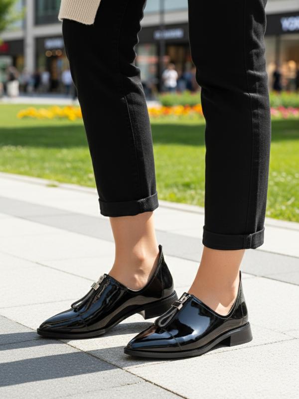 Black Patent Natural Leather – Front Zipper Pointed Toe Women's Shoe