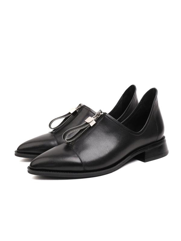 Genuine Leather Pointed Toe Women's Casual Shoes with Zipper Detail