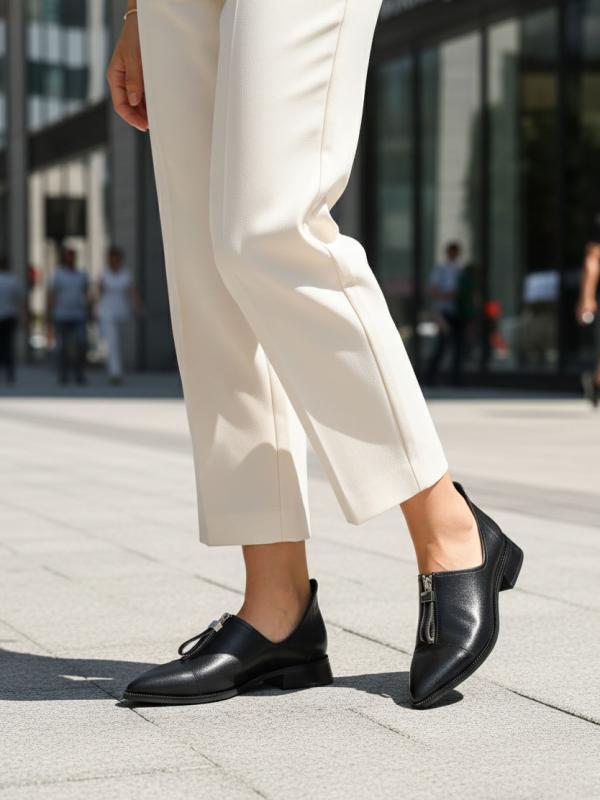 Genuine Leather Pointed Toe Women's Casual Shoes with Zipper Detail