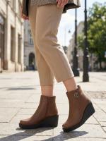 Natural Leather Wedge Heel Brown Women's Boots