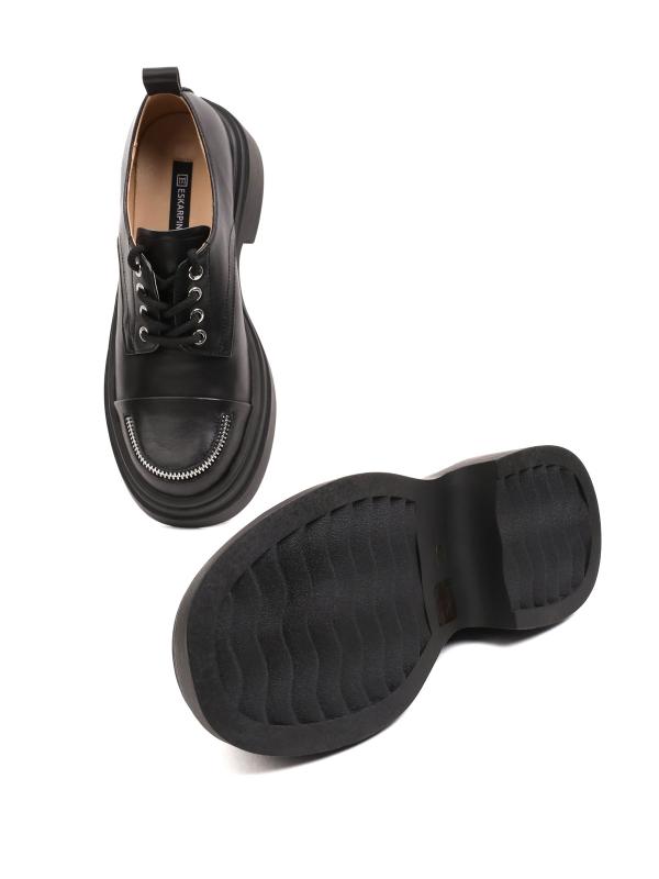 Women's Genuine Leather Chunky Sole Shoes with Toe Zipper Detail