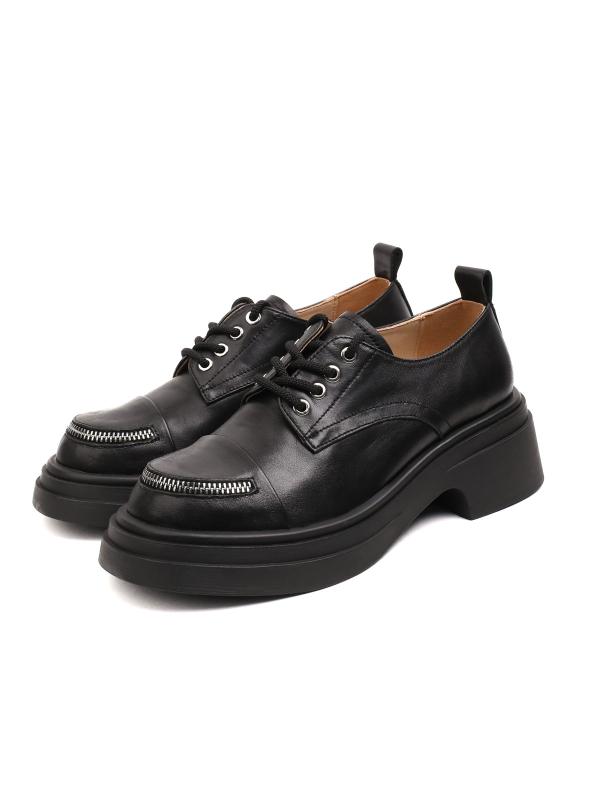 Women's Genuine Leather Chunky Sole Shoes with Toe Zipper Detail