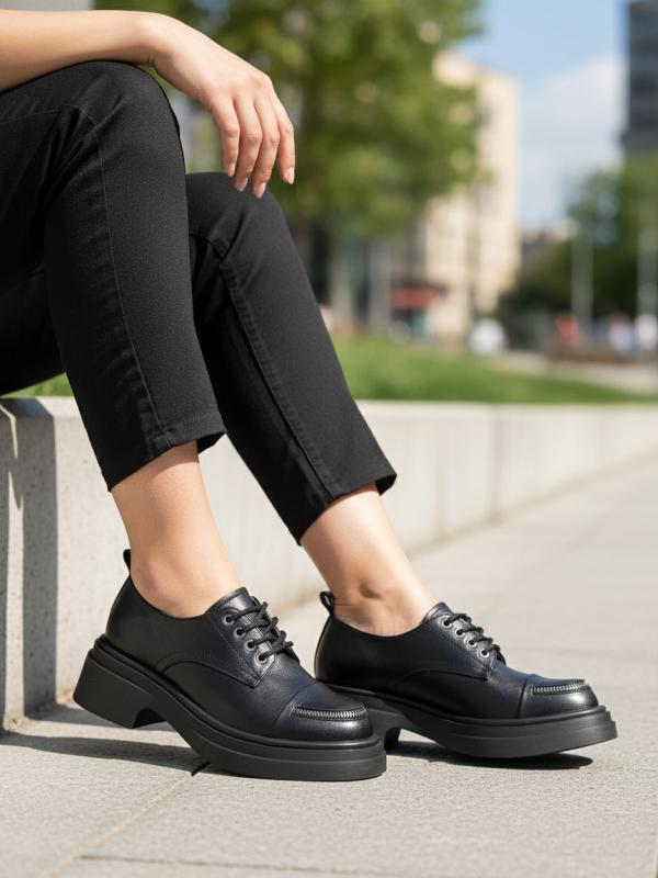 Women's Genuine Leather Chunky Sole Shoes with Toe Zipper Detail