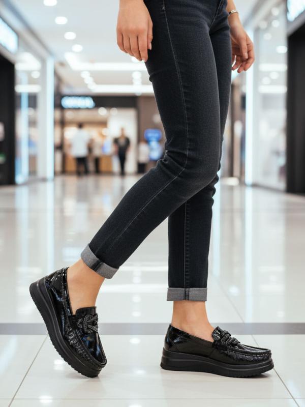 Genuine Patent Leather Stone Embellished Platform Casual Shoes