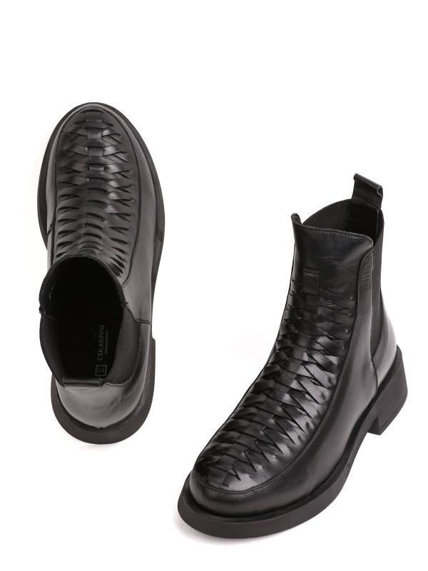 Hakiki Deri Örgü Desenli Siyah Chelsea Bot