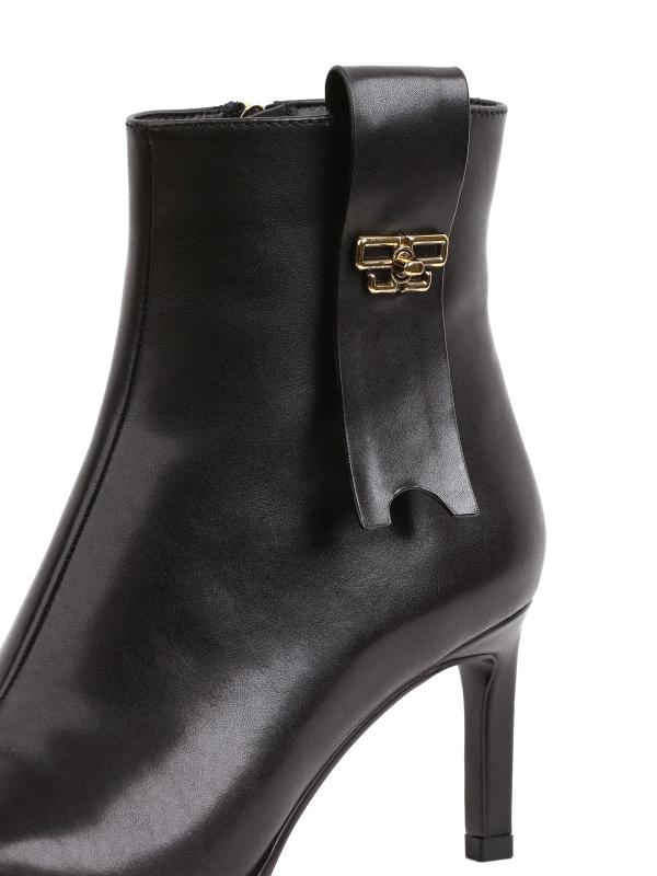 Gold Detailed Black Genuine Leather Heeled Ankle Boots