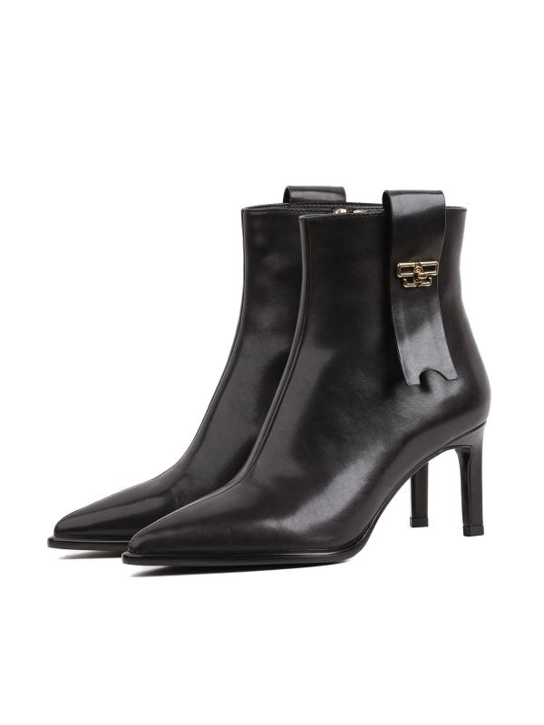 Gold Detailed Black Genuine Leather Heeled Ankle Boots