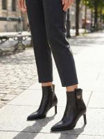 Gold Detailed Black Genuine Leather Heeled Ankle Boots