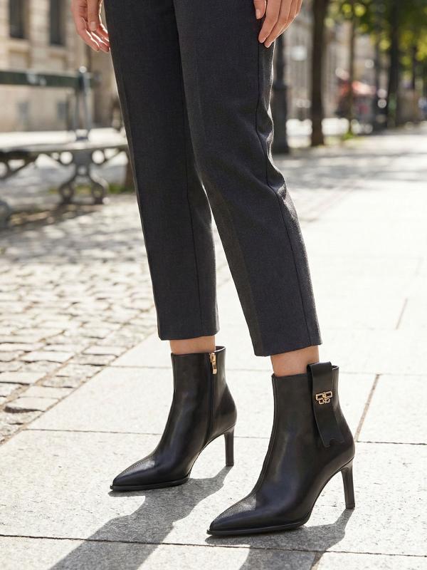 Gold Detailed Black Genuine Leather Heeled Ankle Boots