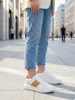 Map Pattern Real Leather Women's Sneakers Beyaz