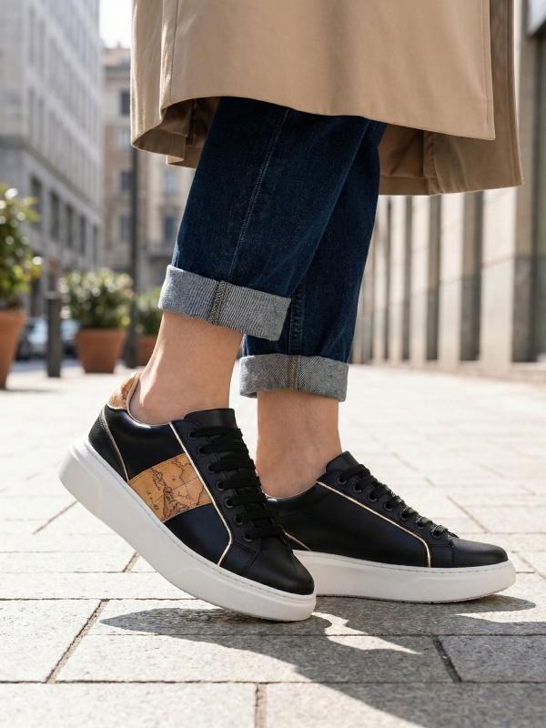 Map Pattern Real Leather Women's Sneakers