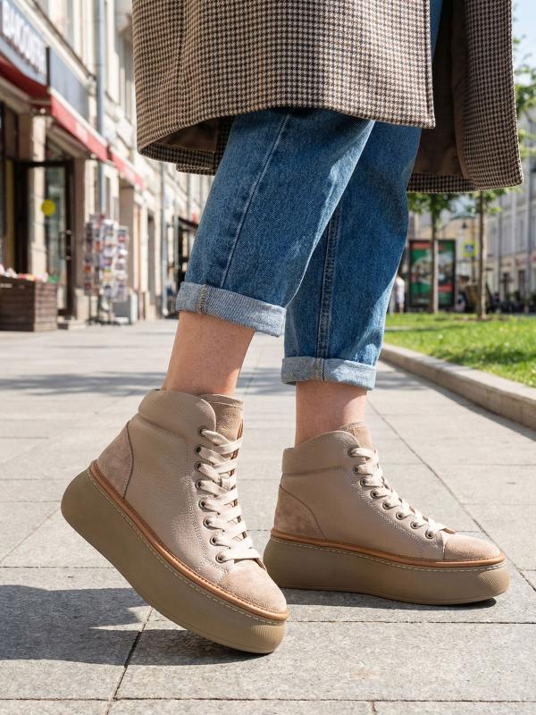 Real Leather and Nubuck Combination Thick Sole Women's Boots