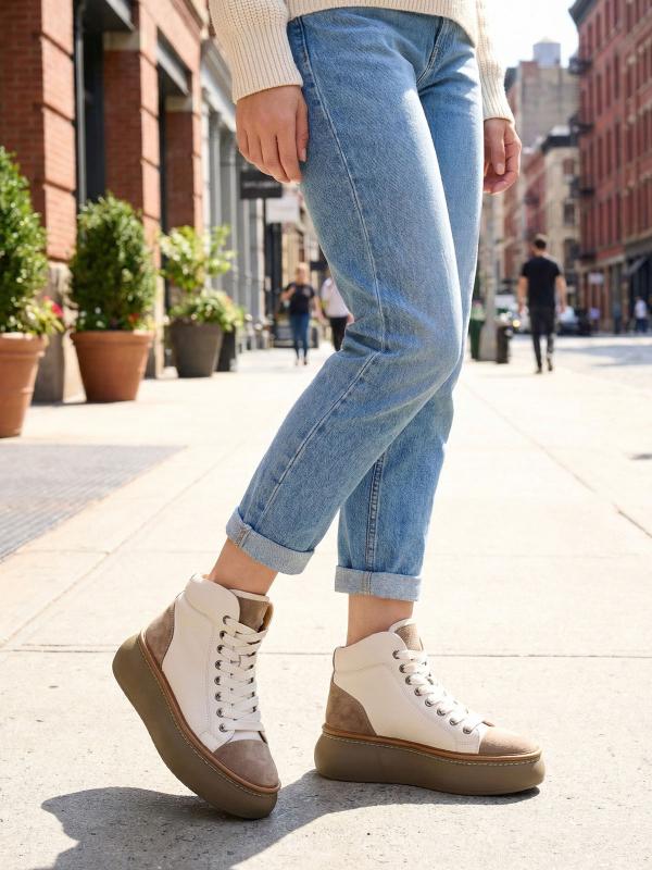 Cream-Beige Platform Women's Sneaker-Boot with Genuine Leather and Suede Details