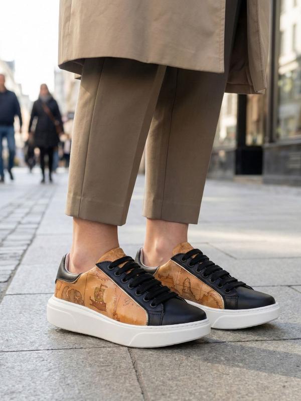 Antique Map Patterned Genuine Leather Women's Sneaker